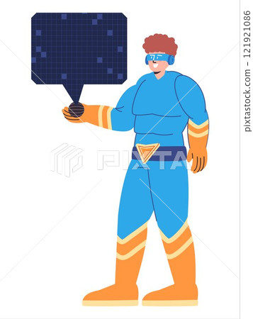 Superhuman modern technology gadget cyber hero man character muscular body costume masked uniform savior heroic male pose design colorful icon Superhuman modern technology gadget cyber hero man character muscular body costume masked uniform savior heroic male pose design colorful icon 121921086
