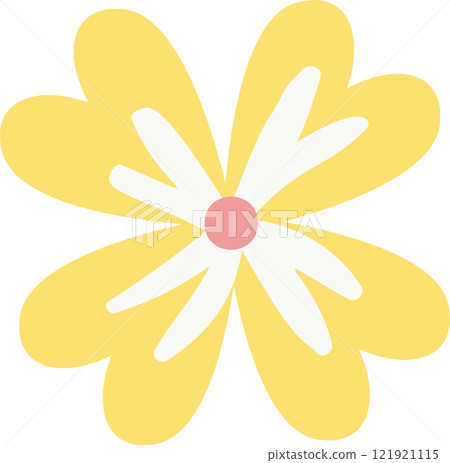 Featuring a simple flat vector illustration of a vibrant yellow flower with delicate white petals and a charming pink center, blooming beautifully against a clean white background 121921115