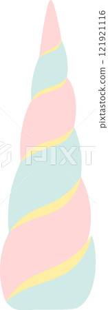 Magical unicorn horn spiraling upwards, featuring pastel pink and blue hues with delicate yellow stripes, creating a whimsical and enchanting design 121921116