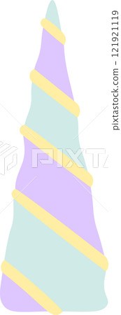 Purple and turquoise unicorn horn with yellow stripes swirling around it, isolated on a white background, representing magic, fantasy, and fairytale concepts Purple and turquoise unicorn horn with yellow stripes swirling around it, isolated on a white background, representing magic, fantasy, and fairytale concepts 121921119