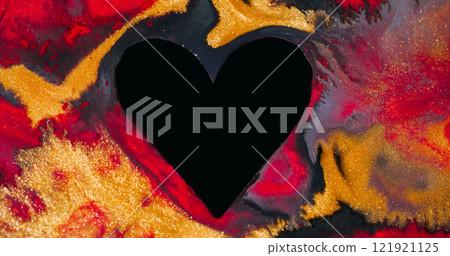 Romance symbol. Heart love paint. Defocused golden red multicolor black shape frame ink marble texture blend on abstract art background. Romance symbol. Heart love paint. Defocused golden red multicolor black shape frame ink marble texture blend on abstract art background. 121921125