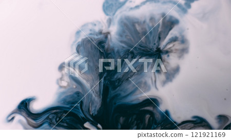 Acrylic spreads. Ink spill. Defocused white gray black blue messy pigment powder particles emulsion mix. Marble swirl flow abstract background. 121921169