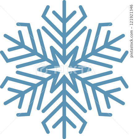 Simple light blue snowflake with a star in the center, ideal for representing winter, christmas or cold temperatures, isolated on a white background 121921346