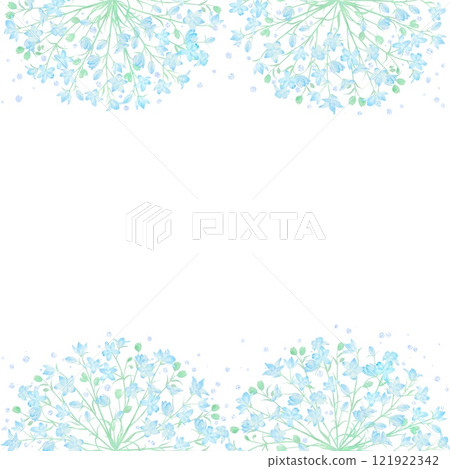 時尚的框架飾有淺藍色噴霧飛燕草。春天水彩插圖。 121922342