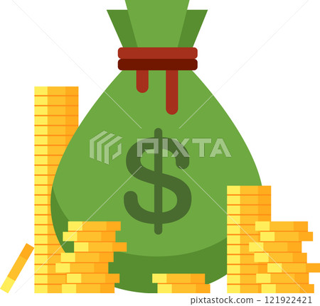 Green money bag featuring a prominent dollar sign, surrounded by stacks of gleaming gold coins, representing savings, investment, wealth, and financial success in an engaging way 121922421