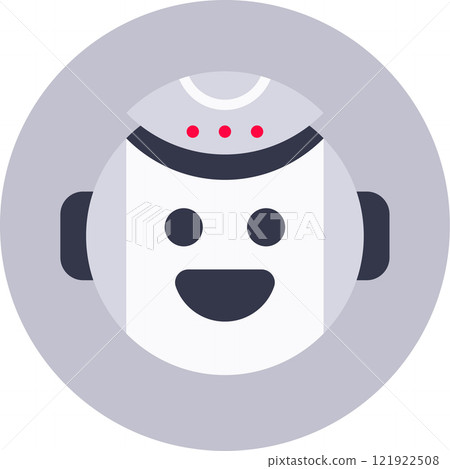 Friendly white robot with dark gray ears and a big smile is inside a gray circle, showing three red dots on its forehead, representing artificial intelligence, technology and innovation Friendly white robot with dark gray ears and a big smile is inside a gray circle, showing three red dots on its forehead, representing artificial intelligence, technology and innovation 121922508