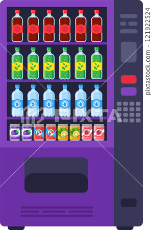 Vending machine offering a variety of drinks including soda, water, juice, and other beverages, providing convenient refreshment for consumers 121922524