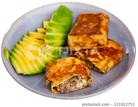 Pancakes stuffed with liver and egg with avocado Pancakes stuffed with liver and egg with avocado 121922752