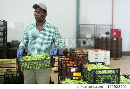 Man working in vegetable factory, carrying crate of pea Man working in vegetable factory, carrying crate of pea 121922801