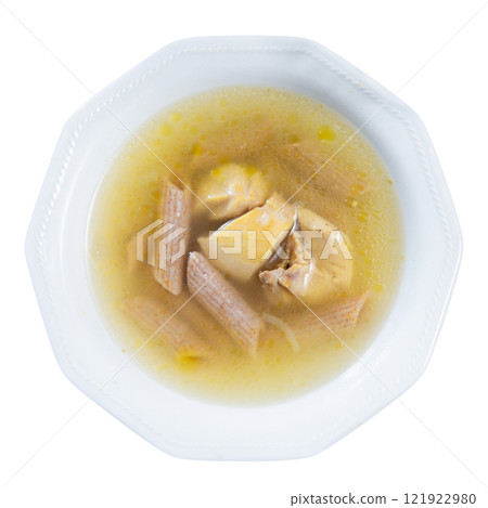 Chicken soup with pasta served in bowl Chicken soup with pasta served in bowl 121922980