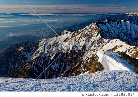 從北阿爾卑斯山/鹿島矢嶽山脊線看到的山巒和富士山、八嶽山和南阿爾卑斯山 121923054