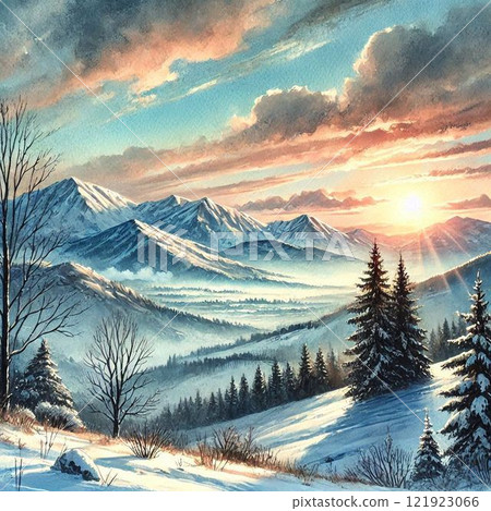 Snowy mountain landscape, sunset scene watercolor painting Snowy mountain landscape, sunset scene watercolor painting 121923066