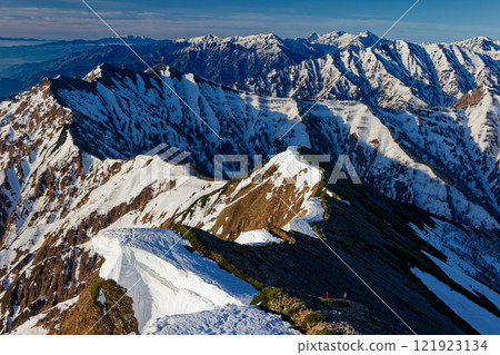 Climbers walking along the Kashima-Yari ridgeline in the Northern Alps, with a view of Mt. Yari and Mt. Hotaka Climbers walking along the Kashima-Yari ridgeline in the Northern Alps, with a view of Mt. Yari and Mt. Hotaka 121923134