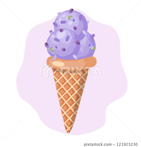 Lavender ice cream. Three balls of creamy sweet dessert in a waffle cone. Purple sorbet. Vector illustration. Lavender ice cream. Three balls of creamy sweet dessert in a waffle cone. Purple sorbet. Vector illustration. 121923230