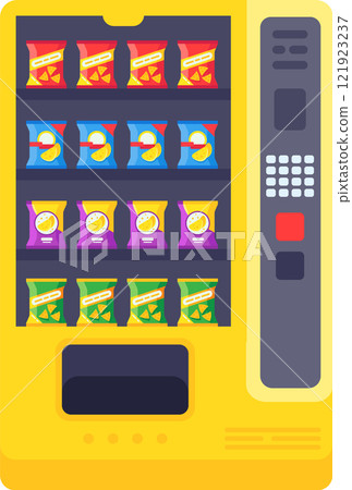 Vending machine offering a wide variety of colorful chips bags, featuring a digital display and a keypad for selection, providing a convenient snacking option Vending machine offering a wide variety of colorful chips bags, featuring a digital display and a keypad for selection, providing a convenient snacking option 121923237