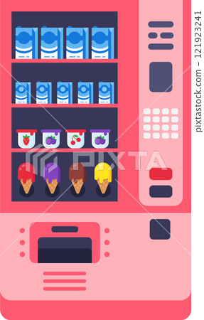 Pink vending machine offering packaged milk boxes, yogurt cups and ice cream cones, representing a convenient way to purchase snacks and refreshments 121923241