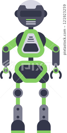 Green and grey robot standing with arms outstretched, featuring a futuristic design with intricate details, evoking themes of artificial intelligence, automation, and technological advancement Green and grey robot standing with arms outstretched, featuring a futuristic design with intricate details, evoking themes of artificial intelligence, automation, and technological advancement 121923259