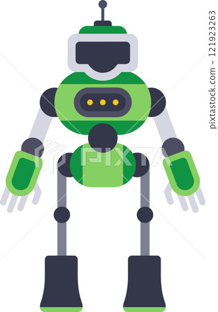 Green and gray robot standing with antenna and lights on its chest, arms extended, in a white background, ideal for technology, innovation and future concepts 121923263