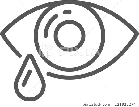 Simple line art icon of a crying eye shedding a tear, symbolizing sadness, grief, pain, or emotional distress, suitable for various health or emotional support projects 121923274