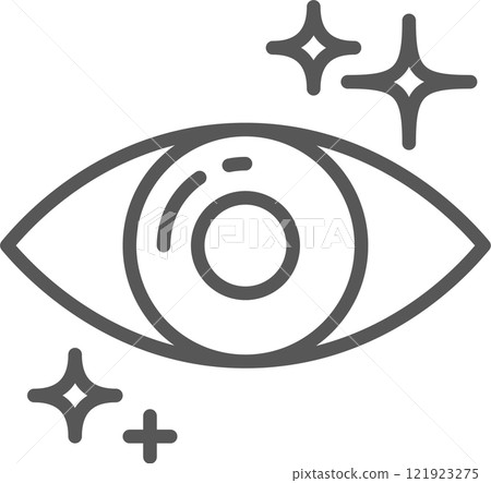 Simple, thick line icon of an eye with sparkles surrounding it, representing health, good vision and ophthalmology, isolated on white background 121923275