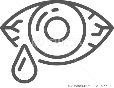 Simple gray line drawing depicting an eye with visible veins and pupil, shedding a tear, expressing feelings of sadness, pain, or allergic reaction Simple gray line drawing depicting an eye with visible veins and pupil, shedding a tear, expressing feelings of sadness, pain, or allergic reaction 121923308