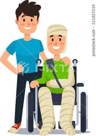 Caregiver is supporting an injured smiling patient who is sitting in a wheelchair with broken legs and plastered head, demonstrating care and assistance Caregiver is supporting an injured smiling patient who is sitting in a wheelchair with broken legs and plastered head, demonstrating care and assistance 121923310