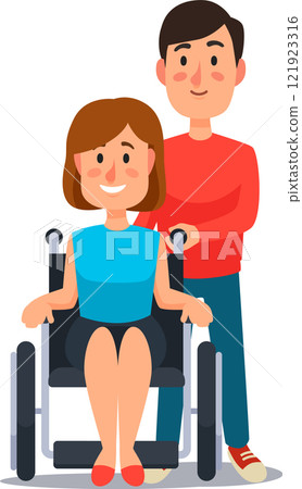 Young man pushing a smiling woman in a wheelchair, embodying the spirit of inclusivity and showcasing the importance of support and care for individuals with disabilities 121923316