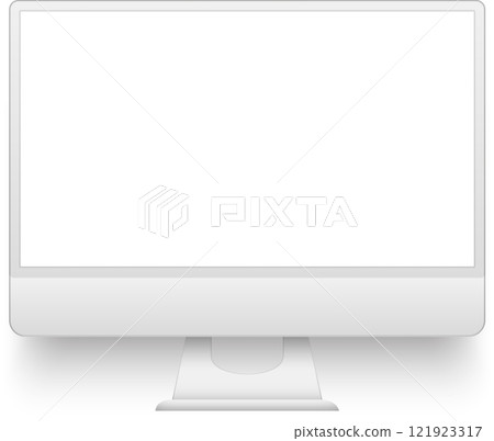 Modern desktop computer displaying blank white screen standing on white background, perfect for mockup, template or web design presentation 121923317