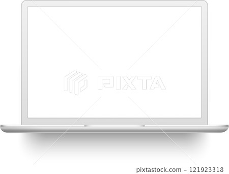 Modern silver laptop featuring a blank screen, patiently waiting for incoming messages against a clean white background, casting a subtle shadow beneath its sleek design 121923318