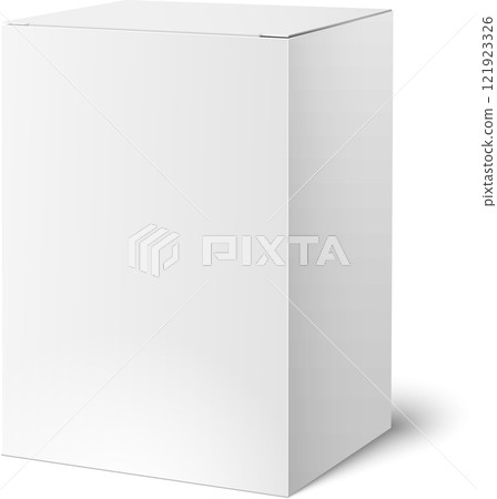 Realistic white closed box casting a soft shadow on a clean white surface, providing an ideal backdrop for displaying product packaging designs and branding concepts 121923326