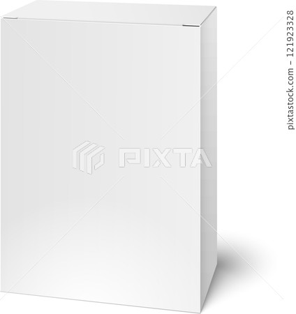 Realistic white blank vertical closed box mockup casting shadow on white background, ideal for product packaging presentation or branding design Realistic white blank vertical closed box mockup casting shadow on white background, ideal for product packaging presentation or branding design 121923328