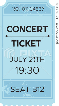 Light blue concert ticket with number, date, time and seat number, isolated on white background, representing entertainment and music events 121923348
