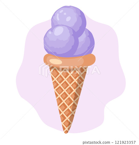 Lavender ice cream. Three balls of creamy sweet dessert in a waffle cone. Purple sorbet. Vector illustration. 121923357