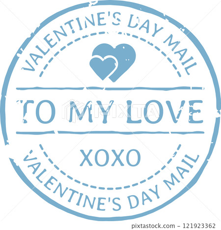 Light blue Valentine s Day mail stamp featuring xoxo hugs and kisses alongside two hearts, beautifully symbolizing love and romance in a vintage design Light blue Valentine s Day mail stamp featuring xoxo hugs and kisses alongside two hearts, beautifully symbolizing love and romance in a vintage design 121923362