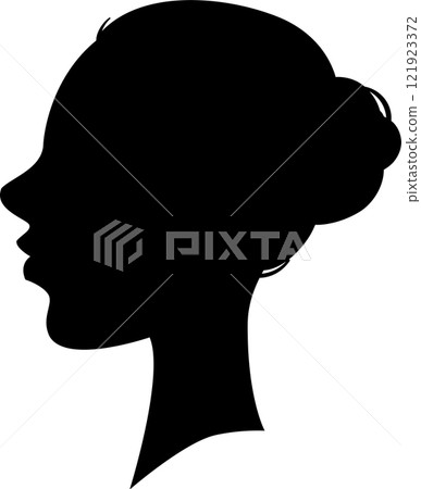 Side view silhouette of a young woman with tied hair, gazing to the left. The black shape contrasts against a white background, creating a simple yet elegant portrait Side view silhouette of a young woman with tied hair, gazing to the left. The black shape contrasts against a white background, creating a simple yet elegant portrait 121923372