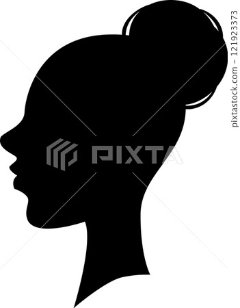Black silhouette profile of a woman with a bun hairstyle looking left, isolated on a white background, representing beauty, fashion, and femininity 121923373