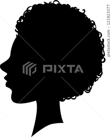 Black silhouette profile of an African American woman with curly hair, symbolizing diversity, celebrating identity, and embodying beauty in a minimalist and elegant design 121923377