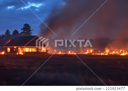 Spontaneous fire burns down a village 121923477
