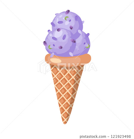 Lavender ice cream. Three balls of creamy sweet dessert in a waffle cone. Purple sorbet. Vector illustration. 121923498