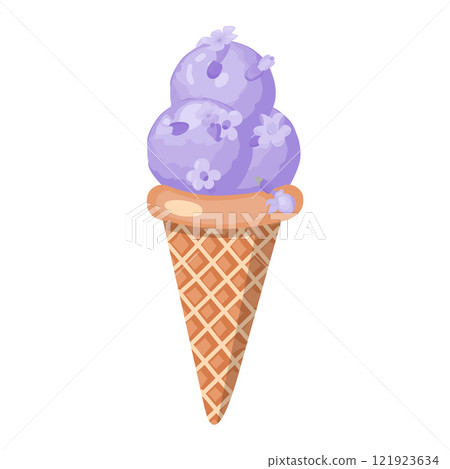 Lavender ice cream. Three balls of creamy sweet dessert in a waffle cone. Purple sorbet. Vector illustration on white background. 121923634