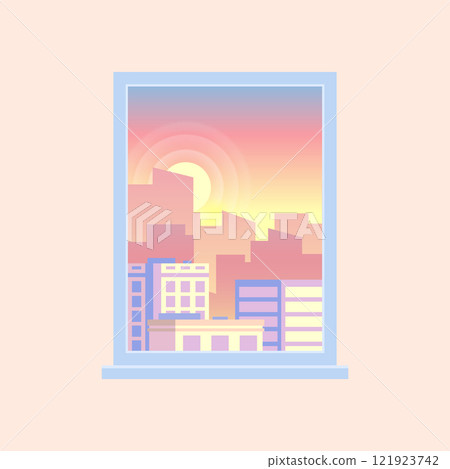 Warmly colored sunrise illuminating a generic cityscape view from a window, featuring a minimalist and pastel hued vector illustration that captures the essence of a new day Warmly colored sunrise illuminating a generic cityscape view from a window, featuring a minimalist and pastel hued vector illustration that captures the essence of a new day 121923742