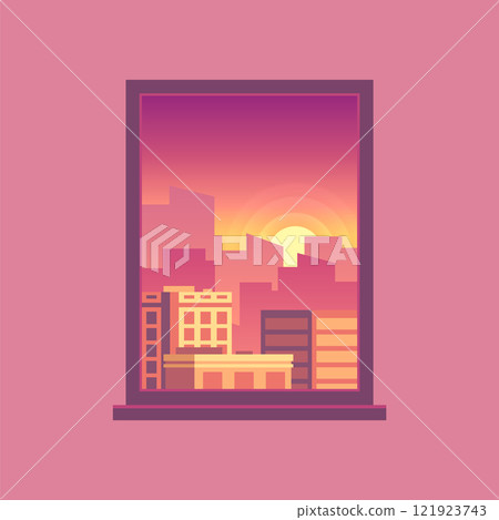Pixel art illustration depicting a vibrant cityscape view from a window during sunset, featuring silhouetted buildings against a purple sky and a pink wall, creating a stunning urban scene Pixel art illustration depicting a vibrant cityscape view from a window during sunset, featuring silhouetted buildings against a purple sky and a pink wall, creating a stunning urban scene 121923743