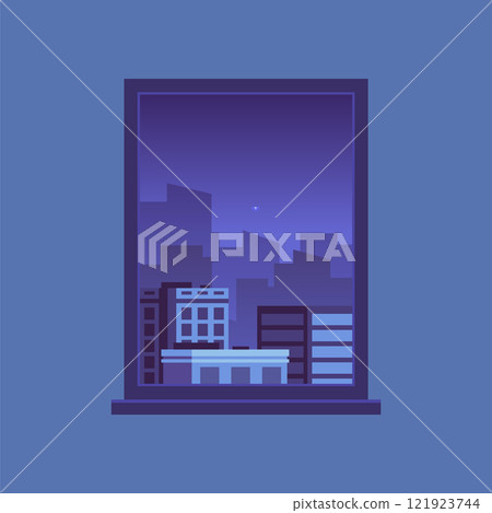 Cozy and tranquil night scene viewed from a window, showcasing a city skyline against a dark purple sky. Soft city lights twinkling, creating a serene urban atmosphere perfect for contemplation 121923744