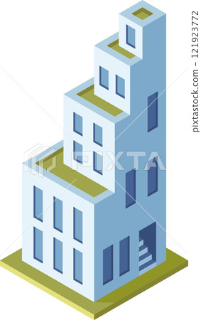 Modern isometric building featuring rooftop terraces, windows, and a staircase entrance, representing urban architecture and sustainable design 121923772