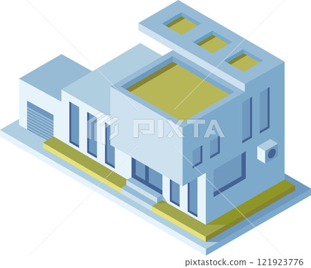 Modern house featuring a rooftop and garage, presented in an isometric view, highlighting intricate architectural details and contemporary design elements that define urban living 121923776