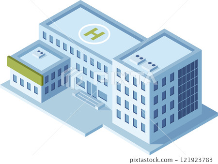 Isometric view of a modern hospital complex featuring a helipad, multiple medical departments, and administrative offices, illustrating comprehensive healthcare infrastructure Isometric view of a modern hospital complex featuring a helipad, multiple medical departments, and administrative offices, illustrating comprehensive healthcare infrastructure 121923783