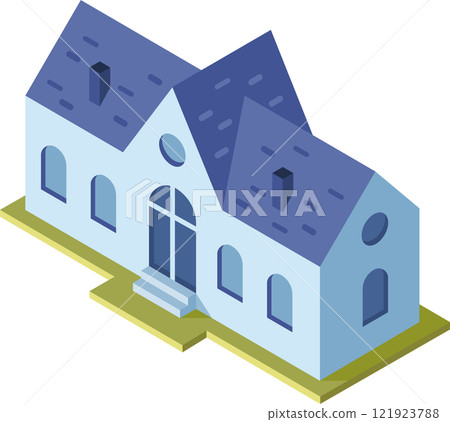 Isometric vector illustration representing a modern house with blue tiled roof. Arched windows and chimneys. Ideal for architectural projects. Real estate marketing. And urban planning visualizations 121923788