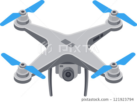 Modern white drone hovering gracefully in the air, featuring rotating blue propellers and equipped with a high resolution camera for capturing stunning aerial photography and videography Modern white drone hovering gracefully in the air, featuring rotating blue propellers and equipped with a high resolution camera for capturing stunning aerial photography and videography 121923794