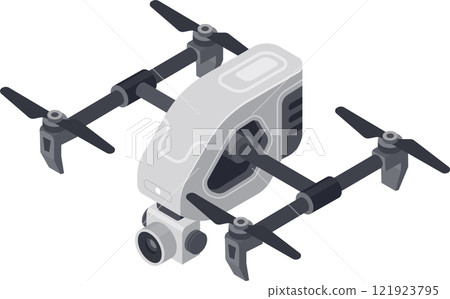 Professional camera drone hovering, showing camera and propellers, with modern and futuristic design, isometric view, perfect for aerial photography and videography 121923795