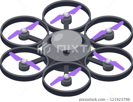 Modern hexacopter drone with six purple propellers spinning, hovering in the air, providing aerial photography and videography capabilities for various applications Modern hexacopter drone with six purple propellers spinning, hovering in the air, providing aerial photography and videography capabilities for various applications 121923796